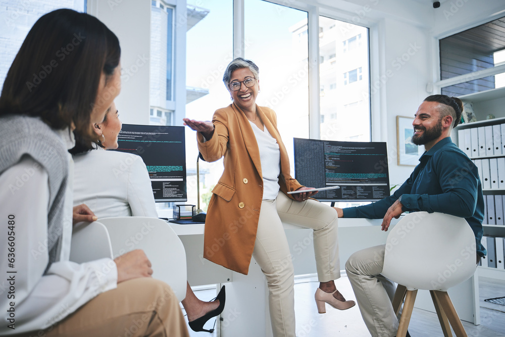 Poster Training, mentor and programmer with business people in office for coding, developer or information technology. Meeting, code review and feedback with employees in digital agency for it cybersecurity