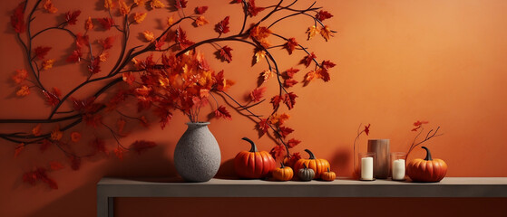 Jesienna dekoracja domu z gałązek i liści klonu na tle pomarańczowej ściany oraz stolik z dyniami, wazonami i świecami - obrazy, fototapety, plakaty