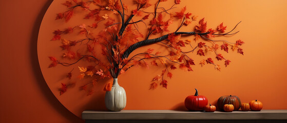 Jesienna dekoracja domu z gałązek i liści klonu na tle pomarańczowej ściany oraz stolik z...