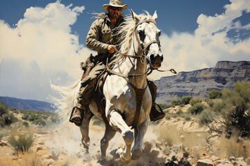A man riding on the back of a white horse. Digital image.