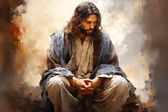 A painting of Jesus sitting on the ground in contemplation. Digital image.
