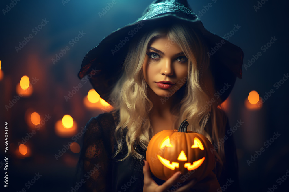 Wall mural beautiful girl halloween costume hold pumpkins