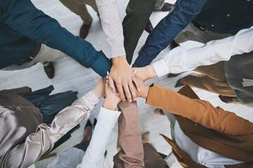 Hands together, team and support, solidarity and business people with top view, stack and...