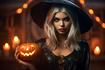 Obraz na płótnie Canvas beautiful girl halloween costume hold pumpkins