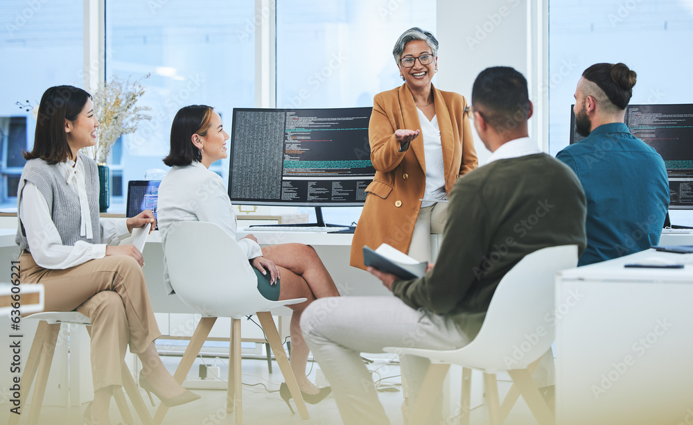Poster Business people, manager and employee with feedback, programming and conversation with trading, coaching and mentor. Teamwork, supervisor or staff with pc, coding or programmer with support or advice