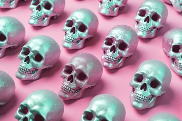 A lot of skulls that are on a pink surface. Digital image.