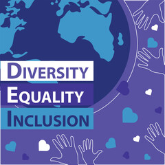 Diversity, Equality and  Inclusion  vector banner design with hand palm icon pattern, heart shape icons and vibrant colors on a square background. Diversity, Equality, Inclusion modern minimal poster.