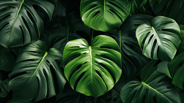 Lush green monstera leaves of exotic plant