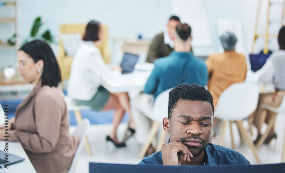 Poster man, reading and thinking on computer in office with employees, staff and workplace with business pe