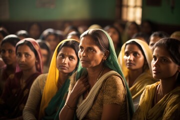 A group of middle-aged indian women sitting in a room. Community center education group, class.