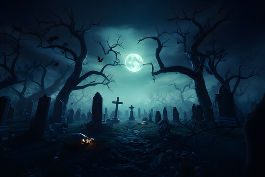 Spooky moonlit graveyard with a haunted castle in the background