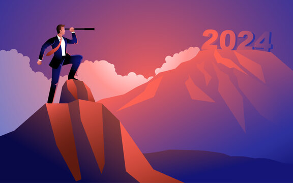 Businessman looking at the fuzziness of the year 2024 through telescope, forecast, prediction in business, vector illustration