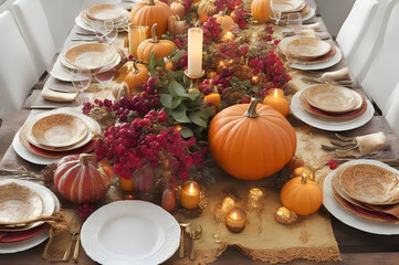 Thanksgiving dinner table. Thanksgiving day or seasonal autumn background with chicken, spoons, forks, plates, apples, pumpkins, peas, pecan, berry pie, cheese, and other ingredient. Generative Ai 