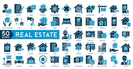 real estate icons vector house, estate document, rent signboard, sold, apartments, search, home protect icon - obrazy, fototapety, plakaty