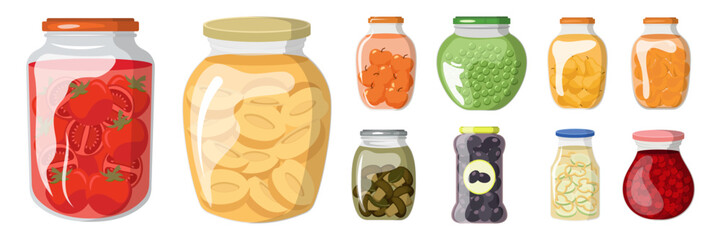 A set of glass compote or jars with pickled vegetables and fruits. Cartoon flat vector illustration. Vector illustration of canned fruits and vegetables, healthy meal set