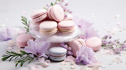 Fototapeta na wymiar Macarons and flowers on a cake stand. Digital image. Wedding decor.
