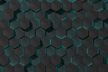 Black brick honeycomb with blue neon light background, technology background