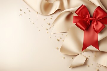 Holiday beige background with gift, red satin bow, ribbon with Copy space. Generative AI