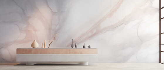 Tło - nowoczesna marmurowa ściana - luksusowe wnętrze inspiracja; minimalistyczna komoda z wazonami i industrialne okno - pudrowy róż