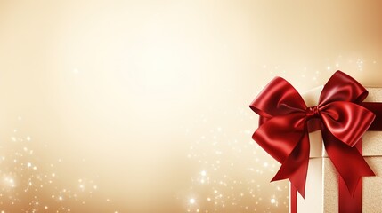 Holiday beige background with gift, red satin bow, ribbon with Copy space. Generative AI