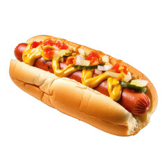 Appetizing hot dog with sausage and mustard on a white transparent background, png