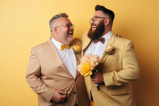 Cheerful mature couple in suits with flowers embracing on yellow background