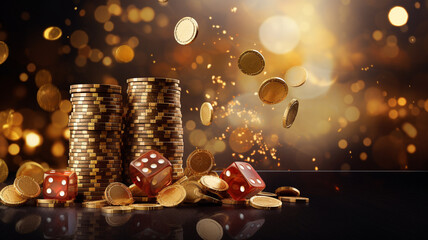 Realistic casino background with flying chips golden