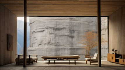 Ascetic minimalism defines the interior architecture wood stone plants - obrazy, fototapety, plakaty