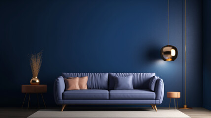 Within the living room, the prevailing dark blue hues create an ambiance that is enhanced by the inclusion of a sofa