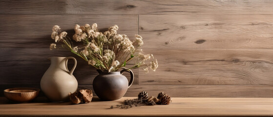 Ceramiczne wazony z suszonymi kwiatami na drewnianym tle - obrazy, fototapety, plakaty