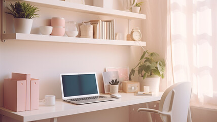 Minimalist white workspace pink pastel color plants sunlight window