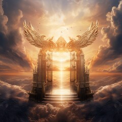 Golden gates to heaven. Stairway that leads to a big, beautiful heaven entrance. Shiny golden staircase to heaven, interpretation. Fantasy portal to heaven with a blue sky and white clouds. - obrazy, fototapety, plakaty