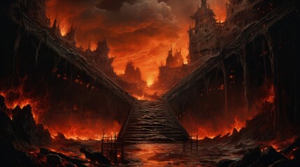 Stairway to hell. Concept art of hell's entrance. Illustration of a staircase to a villain's lair. Scary render of the entrance to the underworld. Fantasy landscape of a burning place.