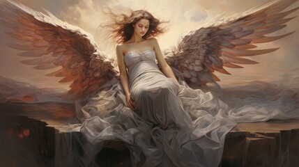 Beautiful young angel woman in a white dress sitting on the clouds with wings. Attractive brunette girl with wings, heaven concept. Heavenly female with white wings walking through clouds.
