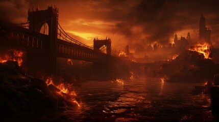 Burning London on the background of the Tower Bridge in the United Kingdom. London in flames. Apocalypse and global warming. Nuclear war. - obrazy, fototapety, plakaty