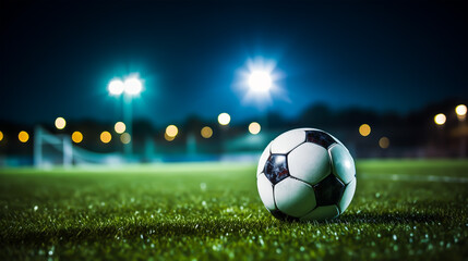 Soccer ball on green grass of football stadium at night with lights