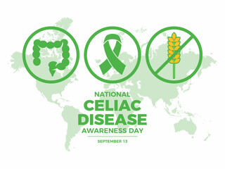 National Celiac Disease Awareness Day vector illustration. Green awareness ribbon and celiac disease round icon set vector. September 13 every year. Important day