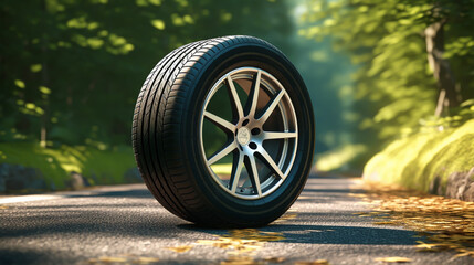 car wheel on asphalt road in the forest.