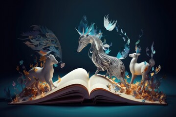 open book with fantasy fauna on top of it. generative AI.