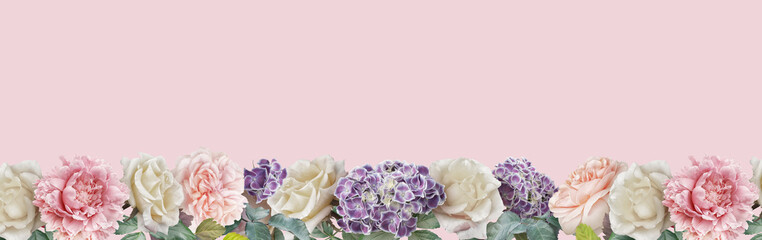 Floral banner, header with copy space. Pink peony, ivory roses  and purple hydrangea isolated on...
