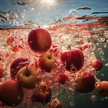 Red apples floating in the water with splashes. Apple bobbing on Halloween day. Holiday celebration with apple bobbing. Beautiful red apples in clean water. Apple dunking tub with fresh water.