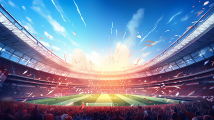 Soccer stadium with fans and fireworks at night