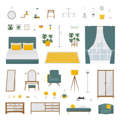 Bedroom vector illustration set. Design modern trendy isolated items for cozy home in flat style.