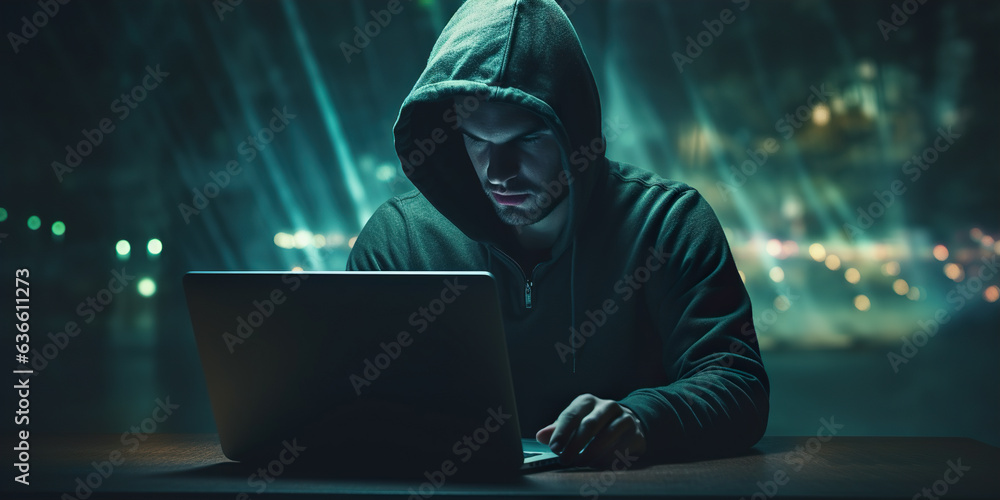 Aufkleber hacker using laptop at night. computer crime concept.