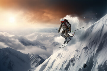 Naklejka na ściany i meble Skier skiing downhill in high mountains at sunset