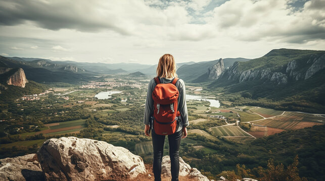 Young woman hiker with backpack standing on top of the mountain and looking at the valley