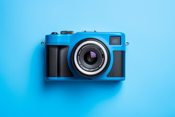 Fototapeta premium Vintage film camera on blue background. Top view with copy space