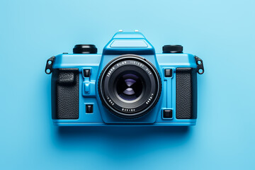 Vintage film camera on blue background. Top view with copy space
