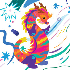 Cute bright abstract Dragon among the stars and fireworks - 636611669