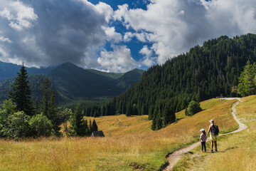 Fototapeta na wymiar Beautiful mountain landscape. Mother and daughter walk in the mountains in the Tatras in summer.